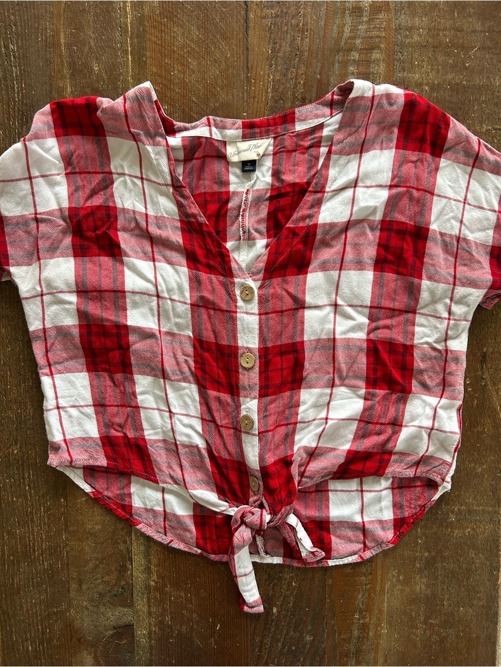 Universal Thread Women’s Red & White Plaid Tie-Front Cropped Fall Button Top - M